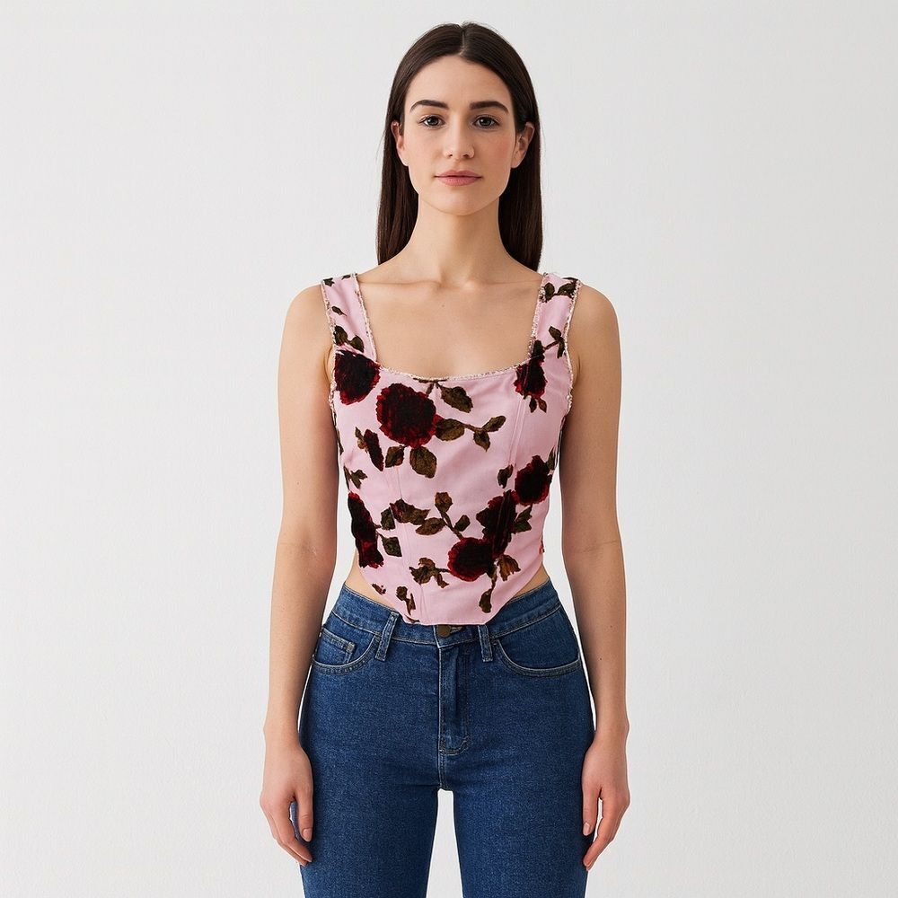 NWT Fashion Nova Floral Pink Red Sleeveless Corset Lace Up Back Blouse size L
